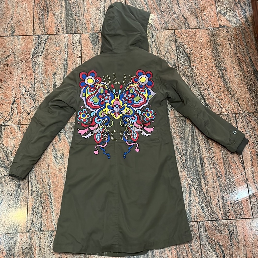 Nolita coat girls sz 12 olive trench fur hood studs
